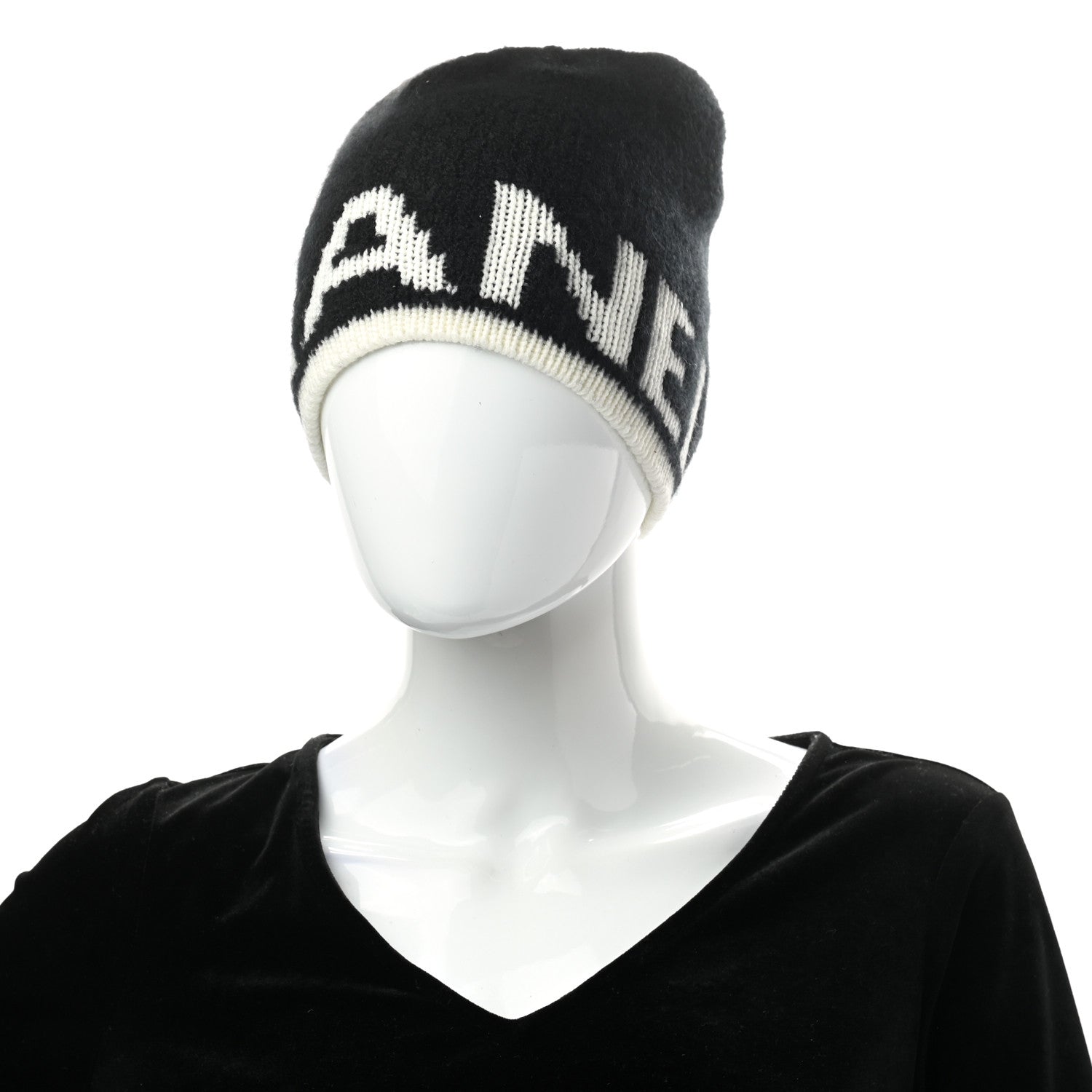 Chanel Cashmere Wool Silk Logo Beanie Hat Black White 2 of 5