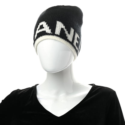 Chanel Cashmere Wool Silk Logo Beanie Hat Black White 2 of 5
