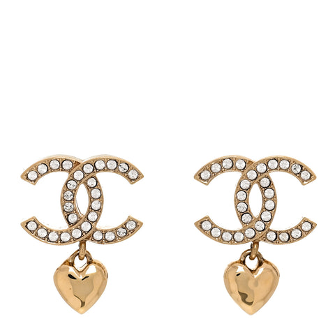 Metal Crystal CC Heart Drop Earrings Gold