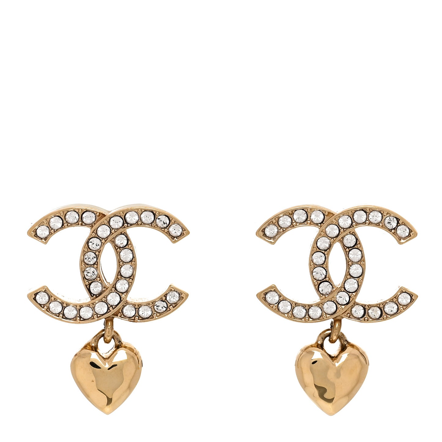 Metal Crystal CC Heart Drop Earrings Gold