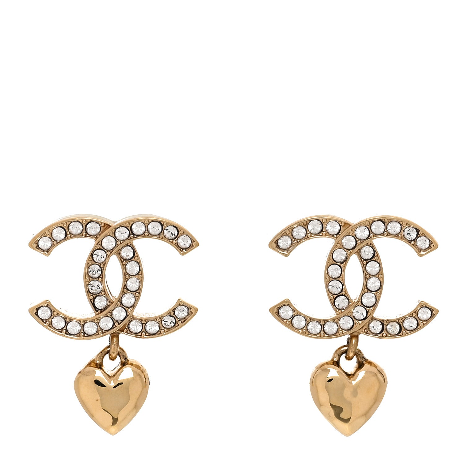 Chanel Metal Crystal CC Heart Drop Earrings Gold 1 of 4