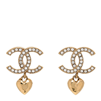 Chanel Metal Crystal CC Heart Drop Earrings Gold 1 of 4