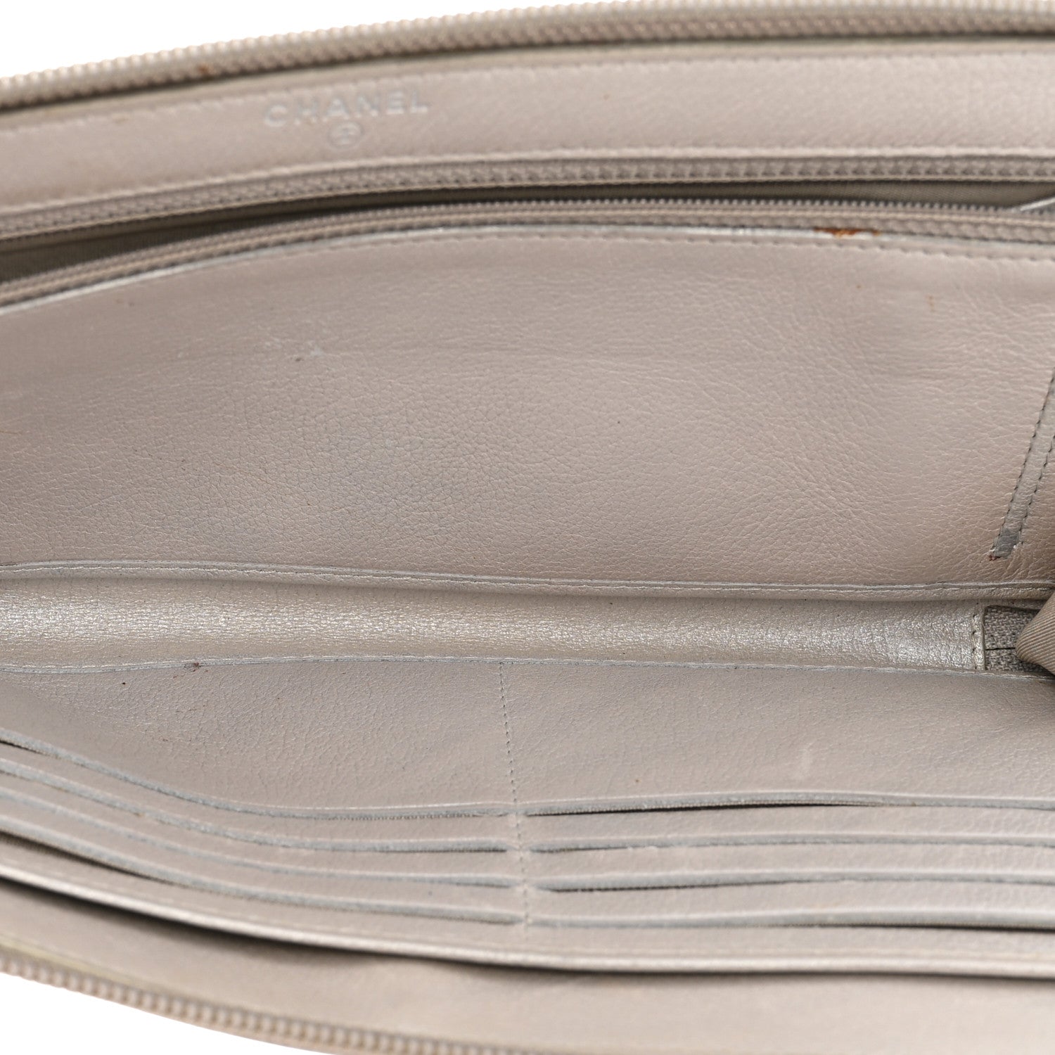 Chanel Metallic Goatskin Camellia Embossed Zip Around Wallet Silver 5 of 10