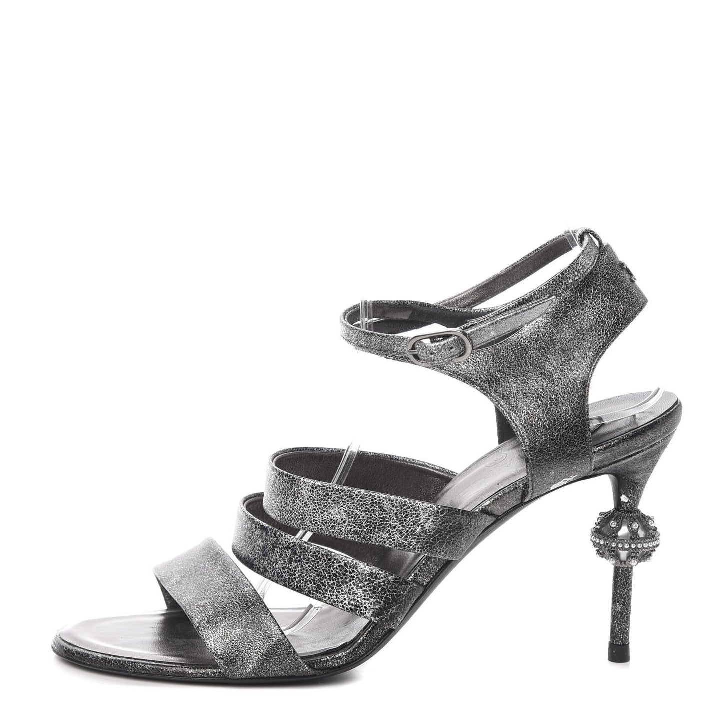 Cracked Metallic Calfskin Pearl Sandals 41 Dark Silver