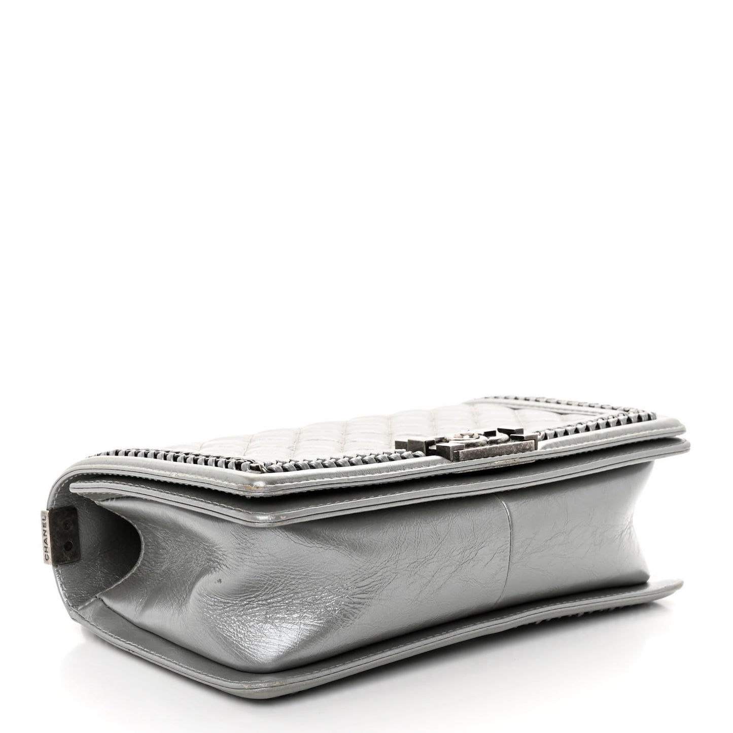 Metallic Aged Calfskin Quilted Medium Top Handle Boy Flap Silver