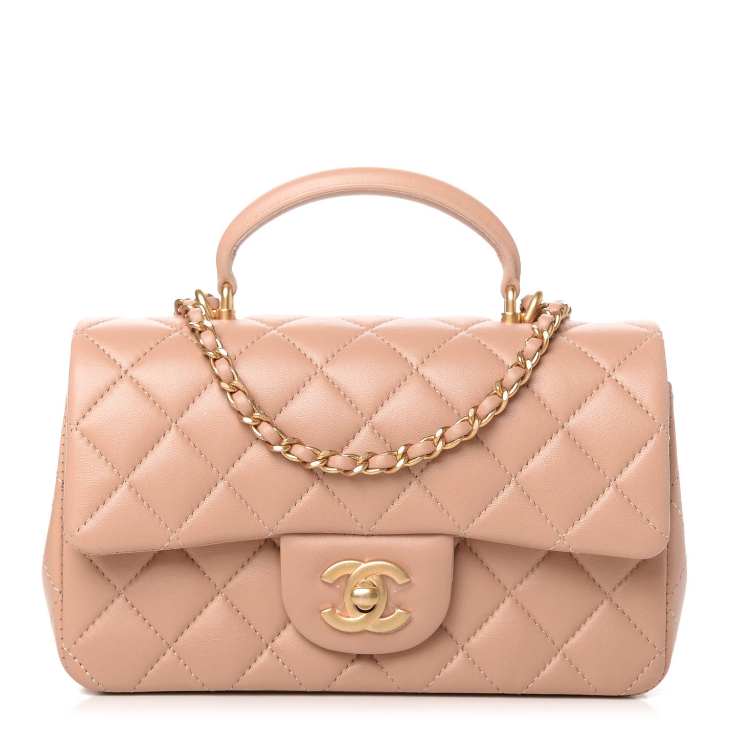 Lambskin Quilted Mini Top Handle Rectangular Flap Beige