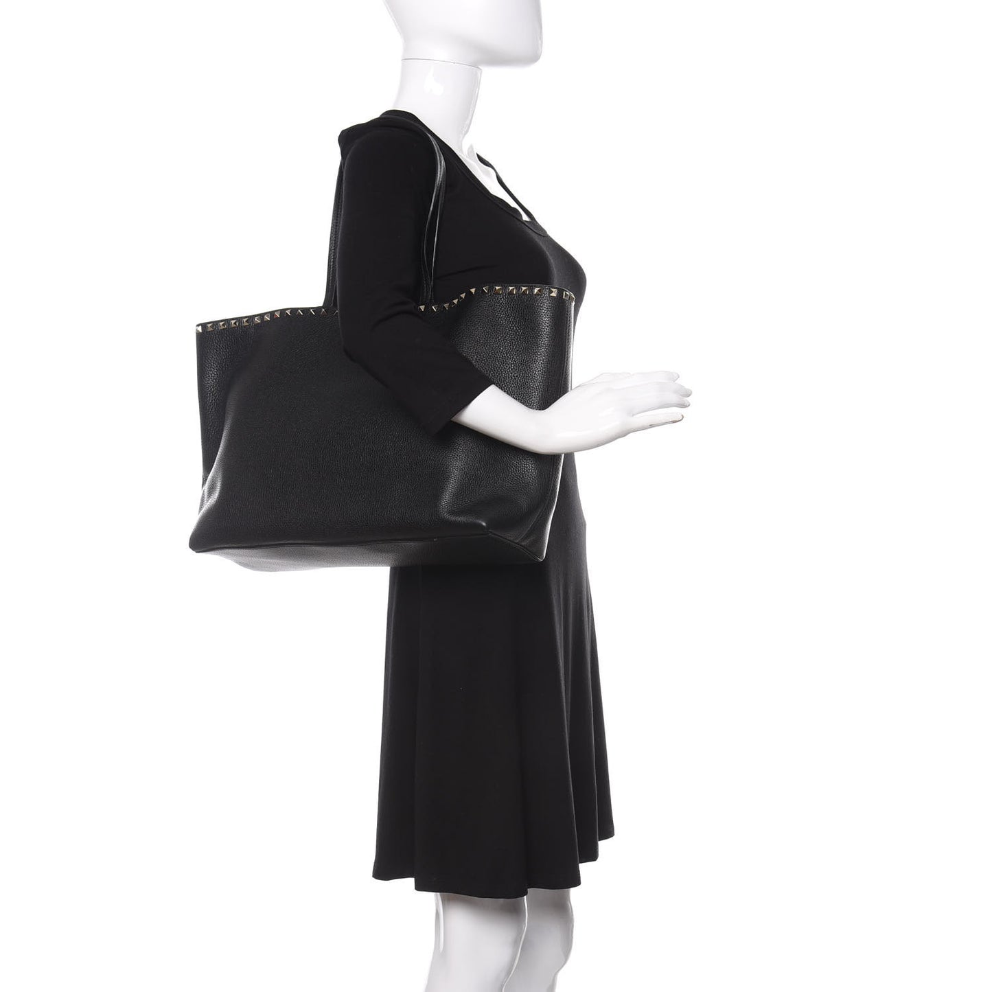 Grained Calfskin Rockstud Shoulder Tote Black