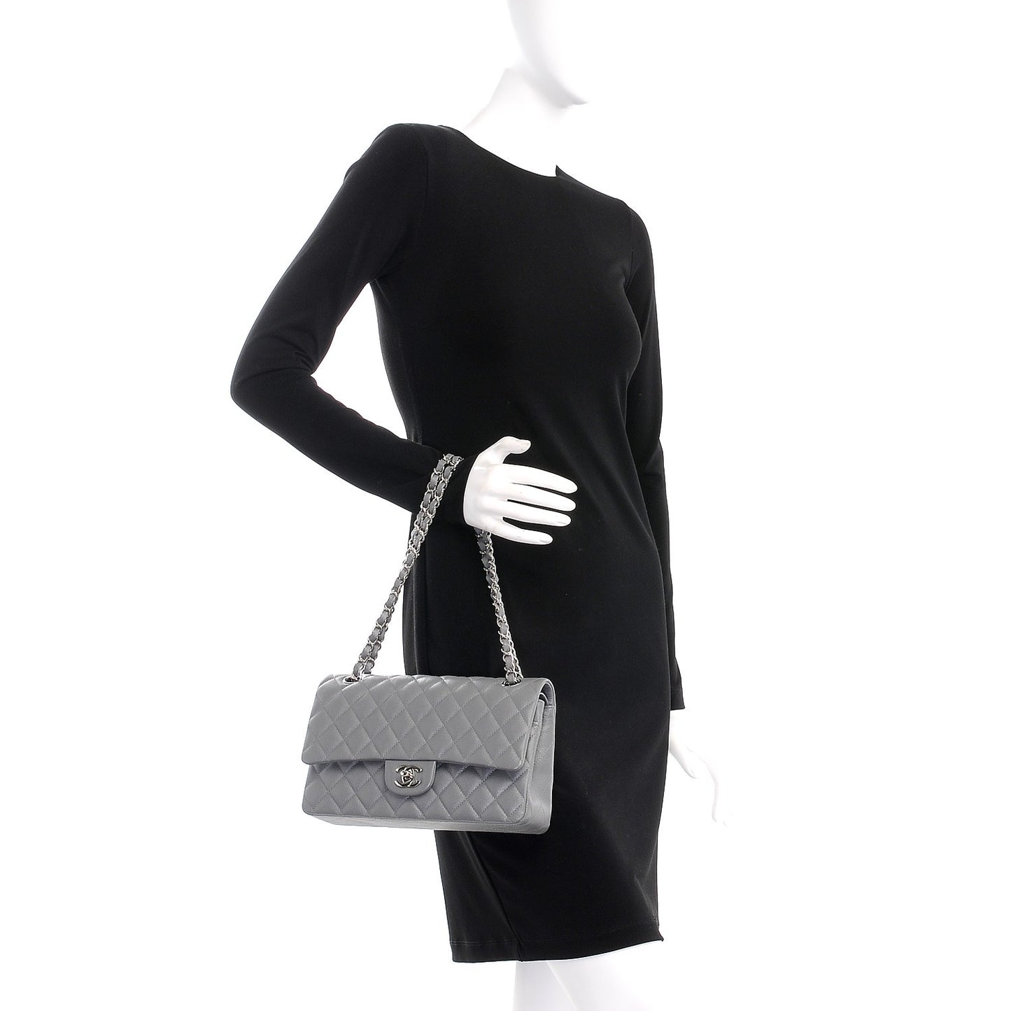 Caviar Quilted Medium Double Flap Grey