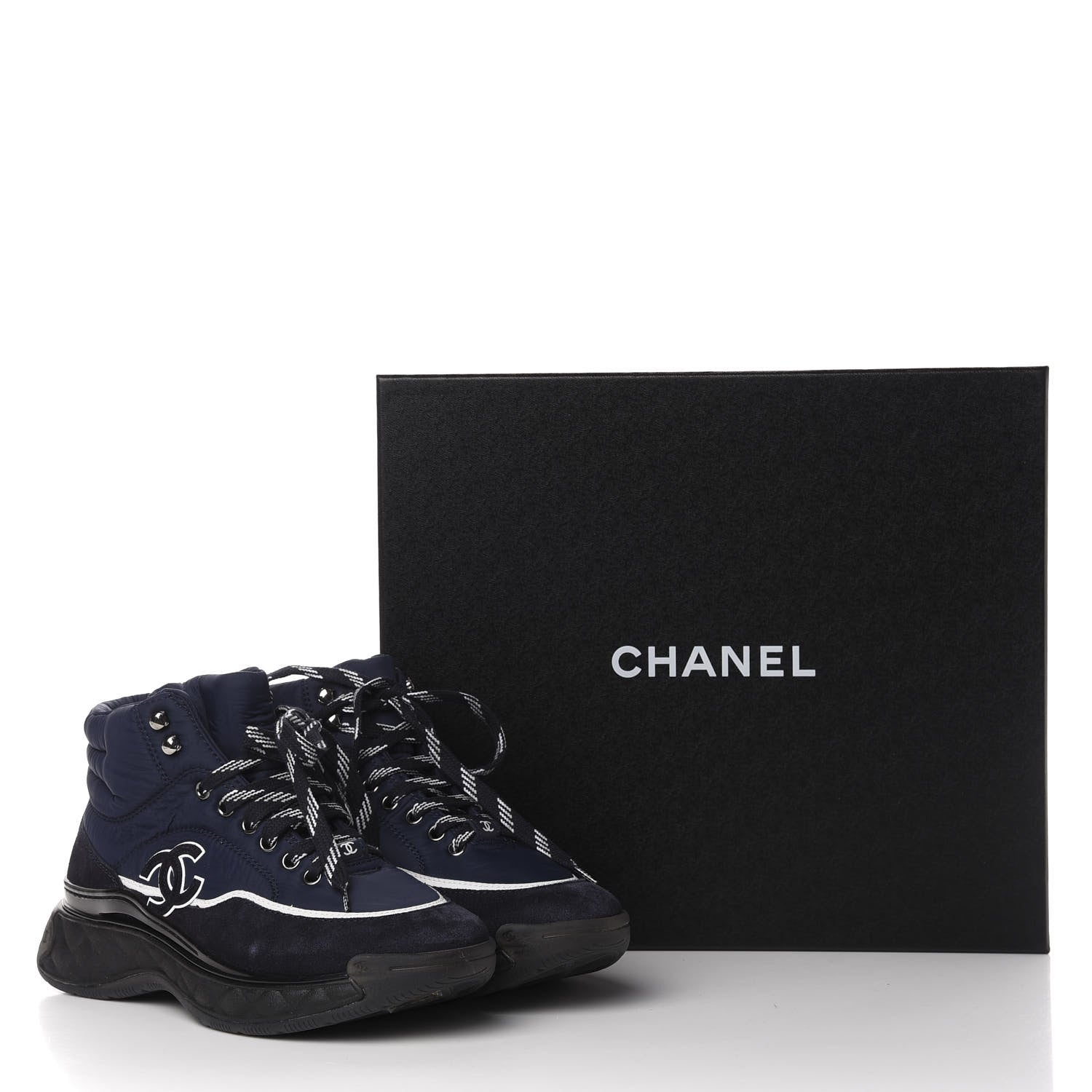 Chanel Fabric Calfskin Suede Womens CC Sneakers 37 Navy 9 of 9