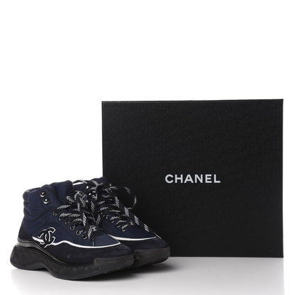 Chanel Fabric Calfskin Suede Womens CC Sneakers 37 Navy 9 of 9