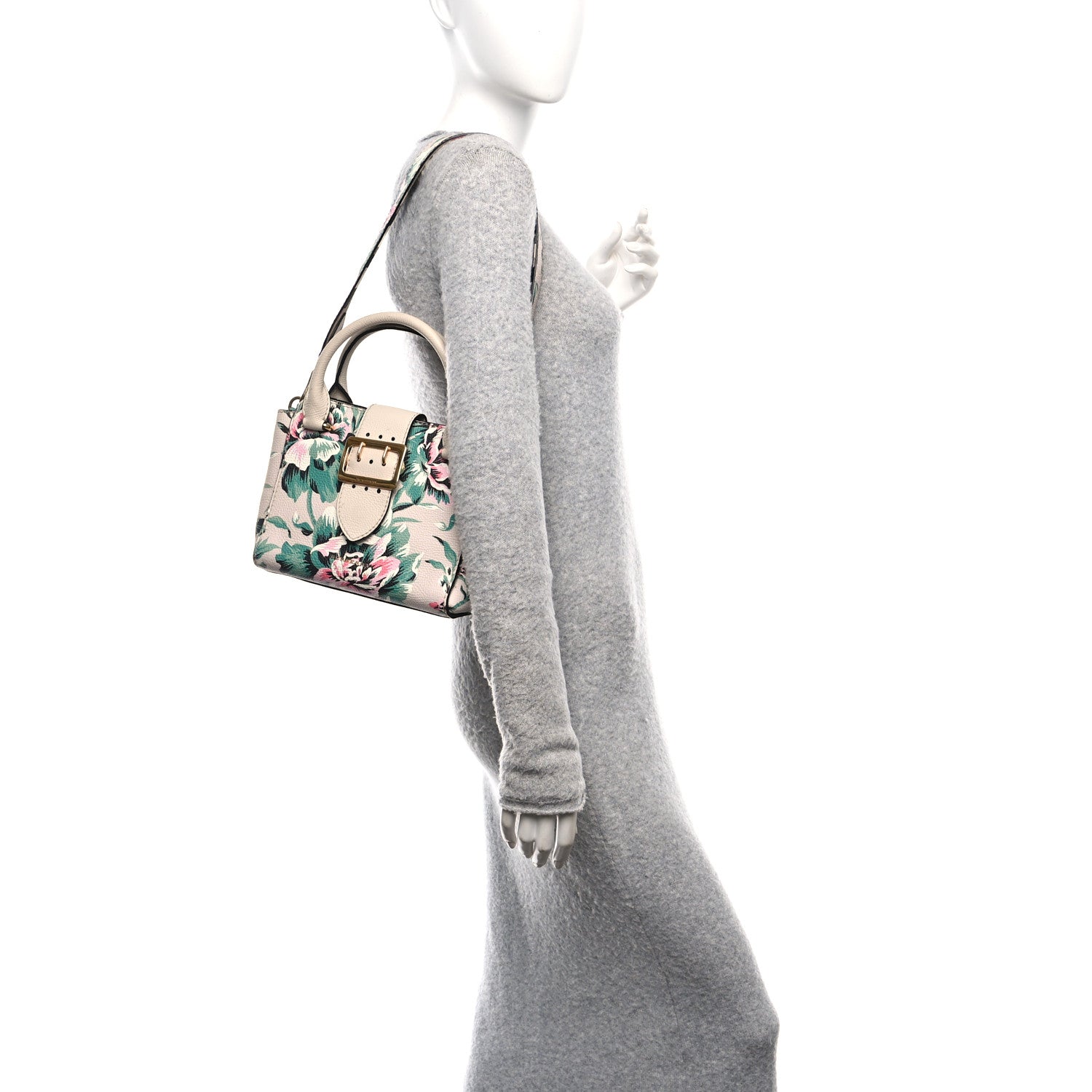 Burberry Soft Grain Calfskin Floral Print Medium Buckle Tote Natural Emerald Green 2 of 13