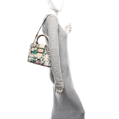 Burberry Soft Grain Calfskin Floral Print Medium Buckle Tote Natural Emerald Green 2 of 13