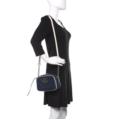 Gucci Vintage Effect Calfskin Matelasse Diagonal Small Torchon GG Marmont Chain Shoulder Bag Blue Agata Mystic White 2 of 14