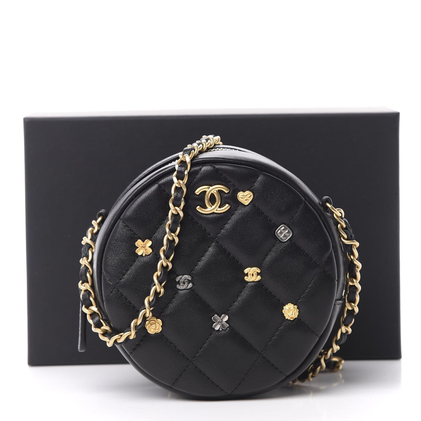 Lambskin Quilted Studded Round Clutch With Chain Black
