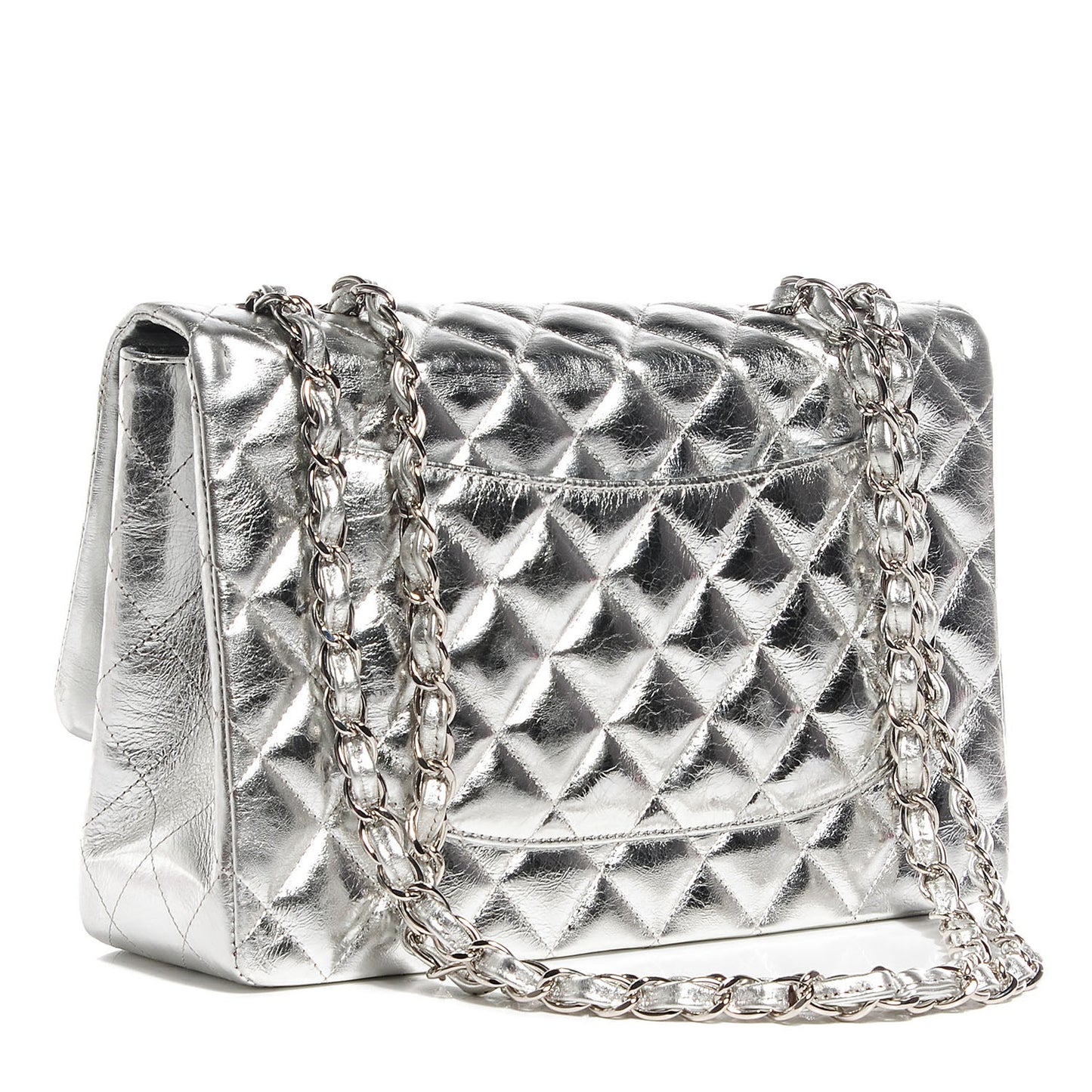 Metallic Calfskin Quilted Jumbo Single Flap Silver