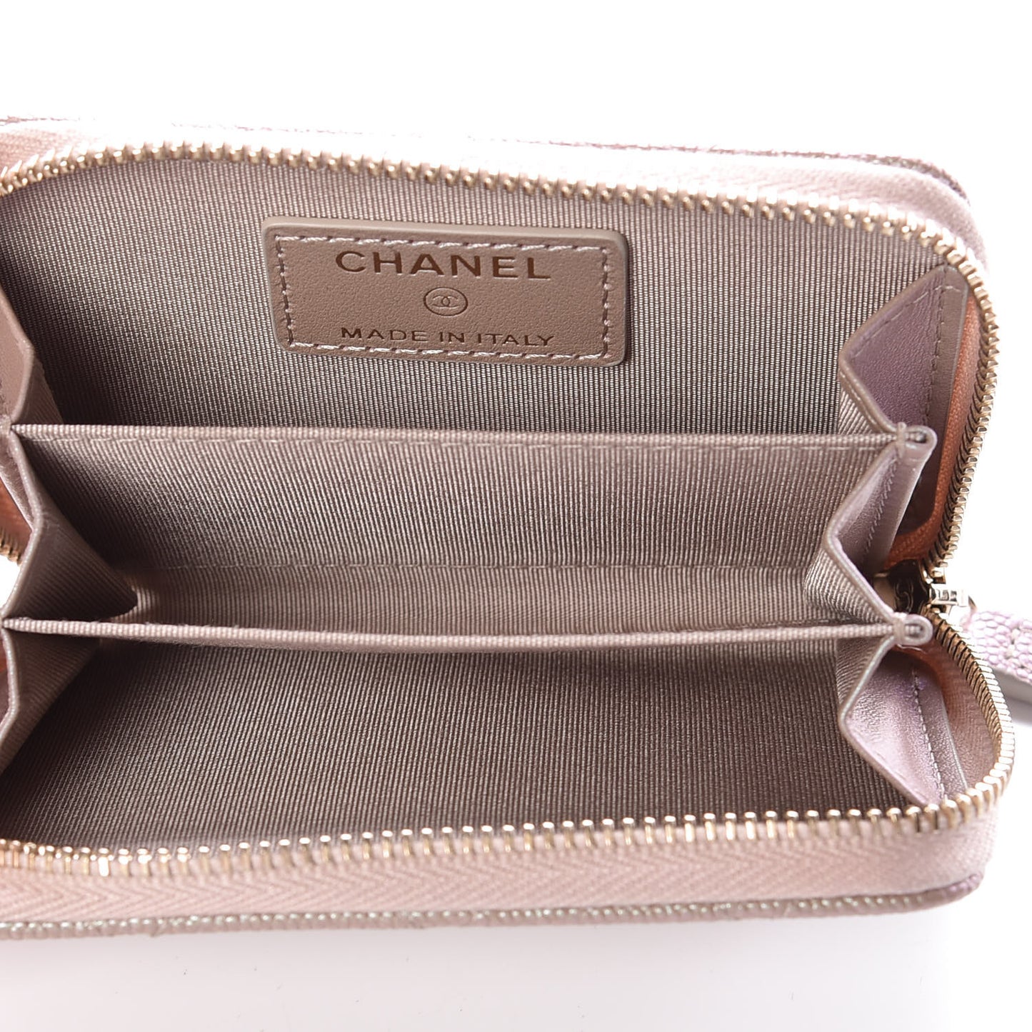 Iridescent Caviar Quilted Zip Around Coin Purse Beige