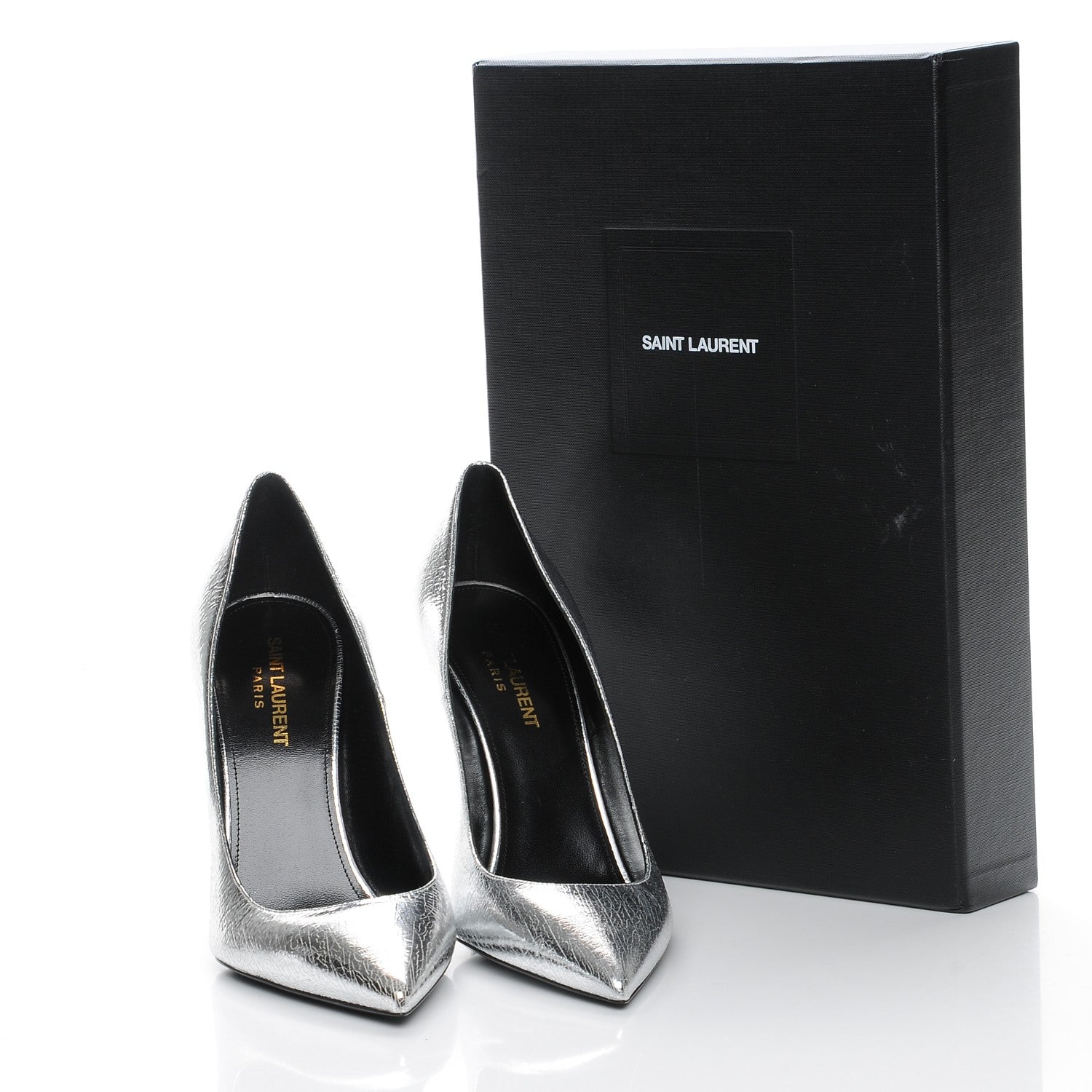 Saint Laurent Metallic Cracked Goatskin Anja 105 Pumps 38.5 Argento 9 of 9
