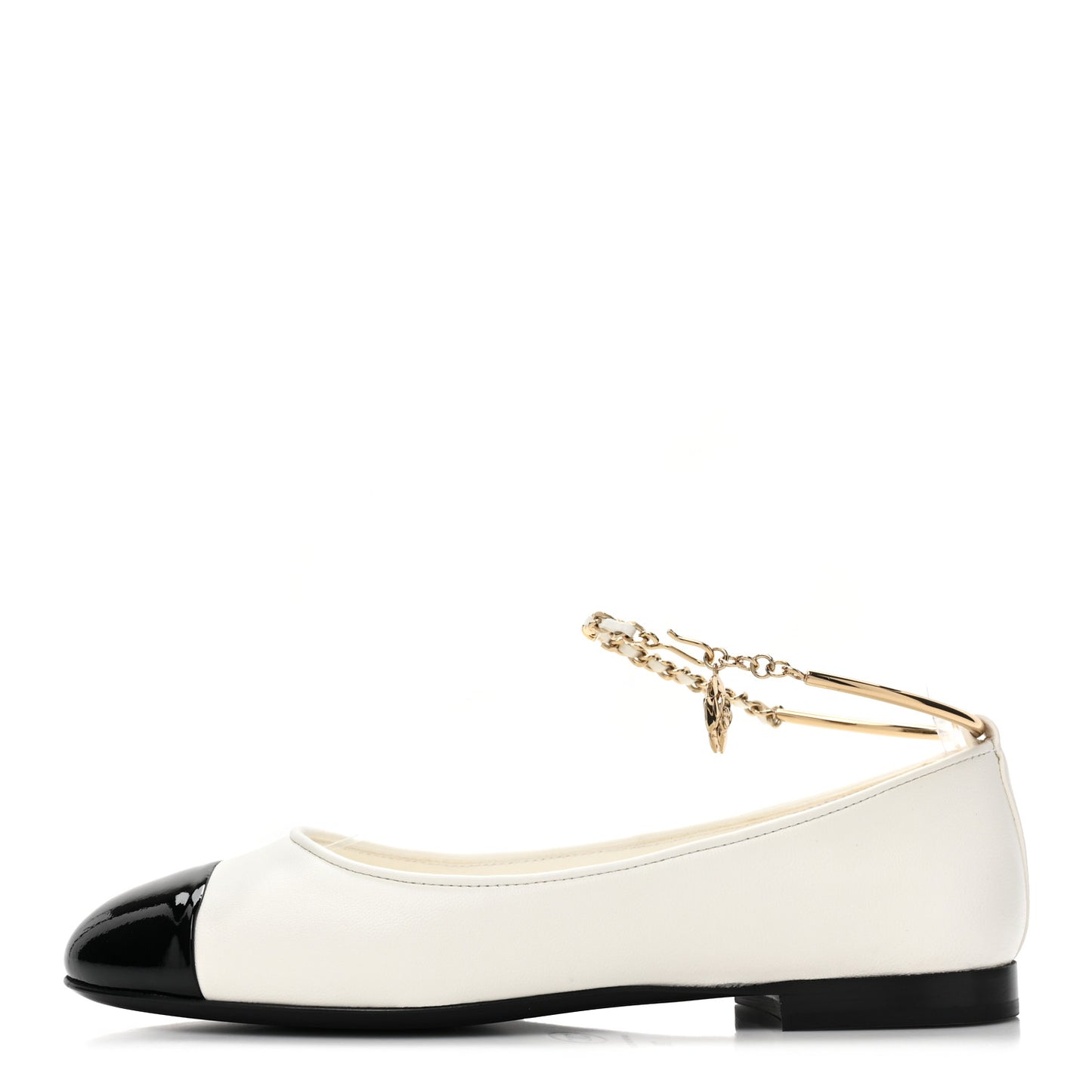Lambskin Patent Calfskin Cap Toe Ankle Chain Ballerina Flats 36 White Black