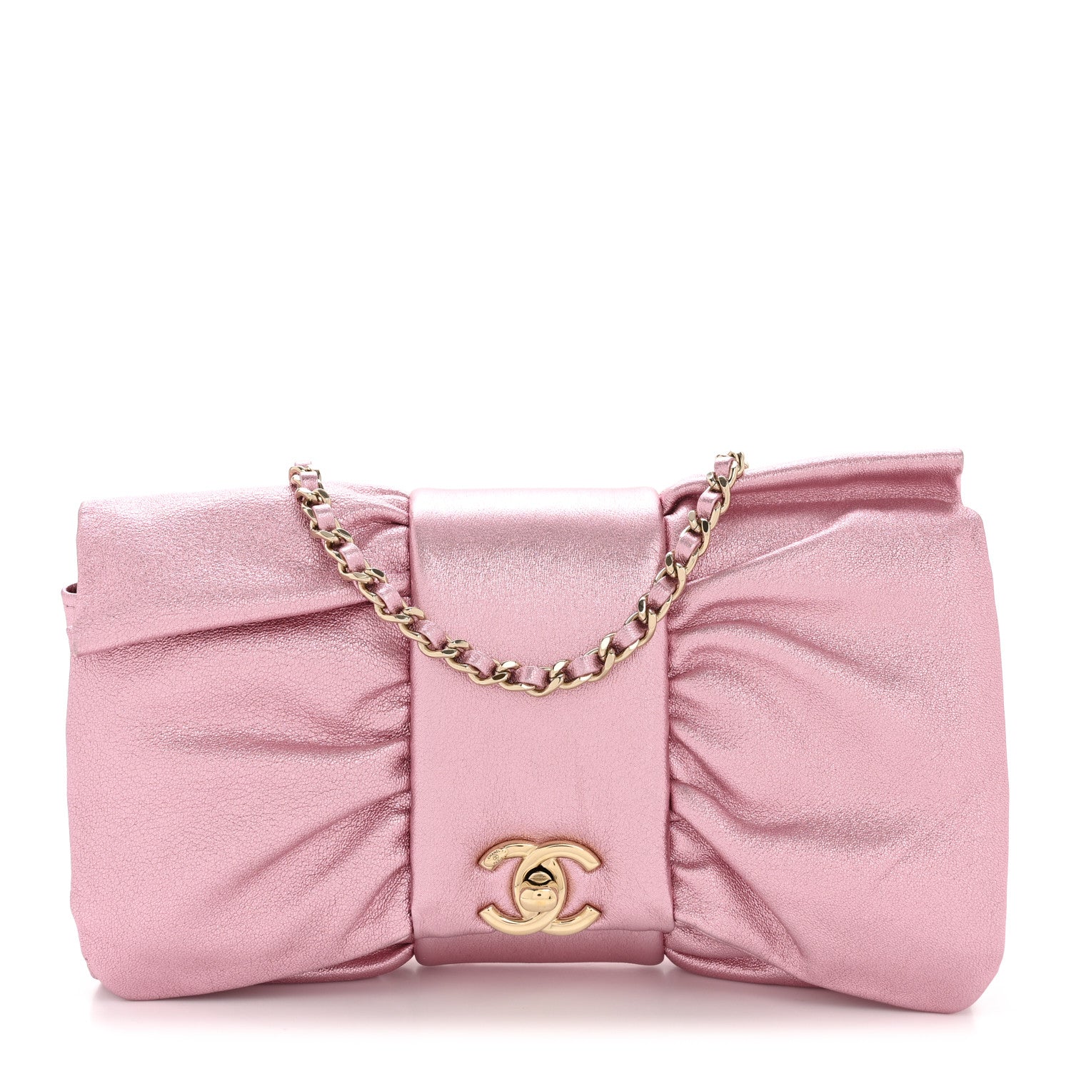 Chanel Metallic Lambskin Tie My Bow Flap Clutch With Chain Pink 1 of 11