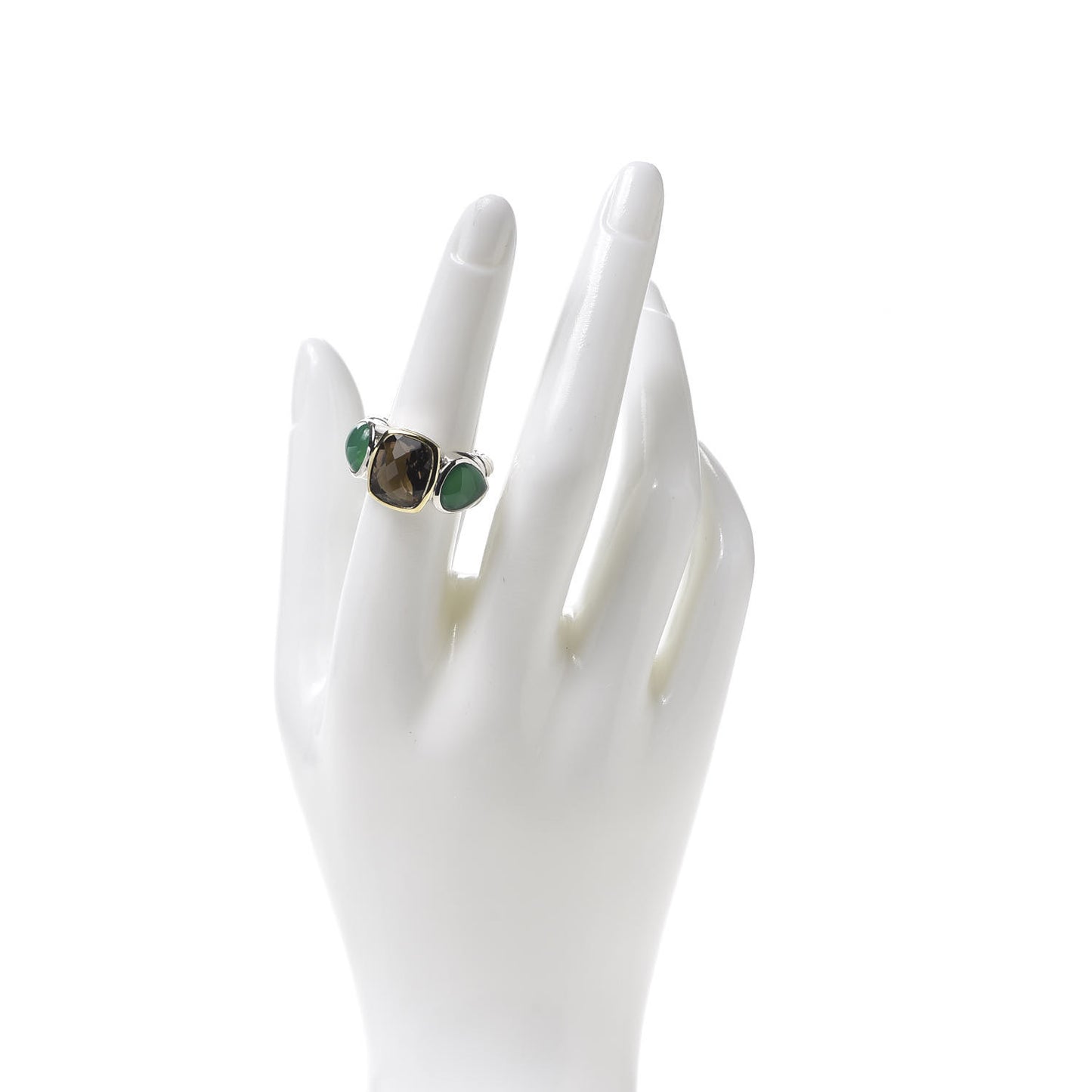 Sterling Silver 18K Yellow Gold Green Onyx Smoky Quartz Three Stone Ring 55/7.25