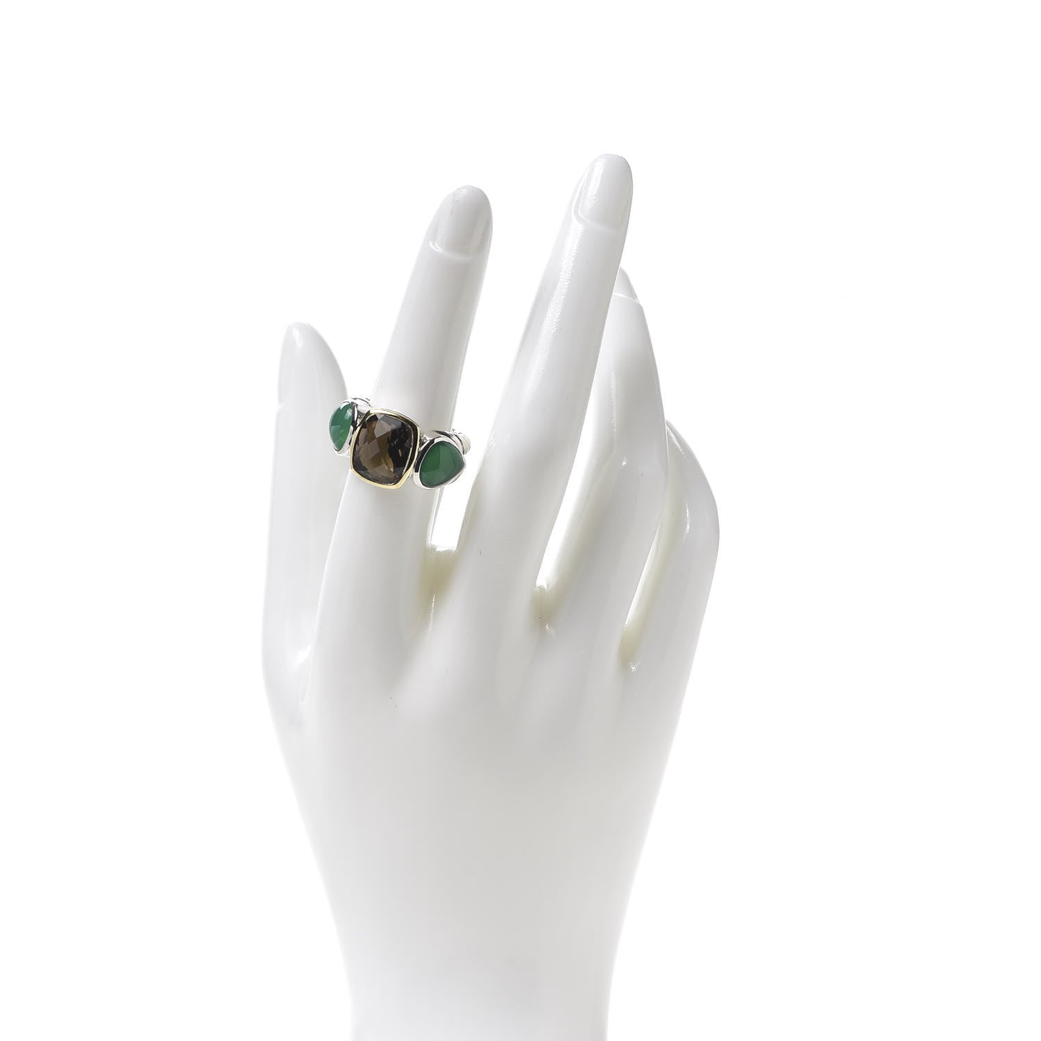 David Yurman Sterling Silver 18K Yellow Gold Green Onyx Smoky Quartz Three Stone Ring 55/7.25 2 of 6