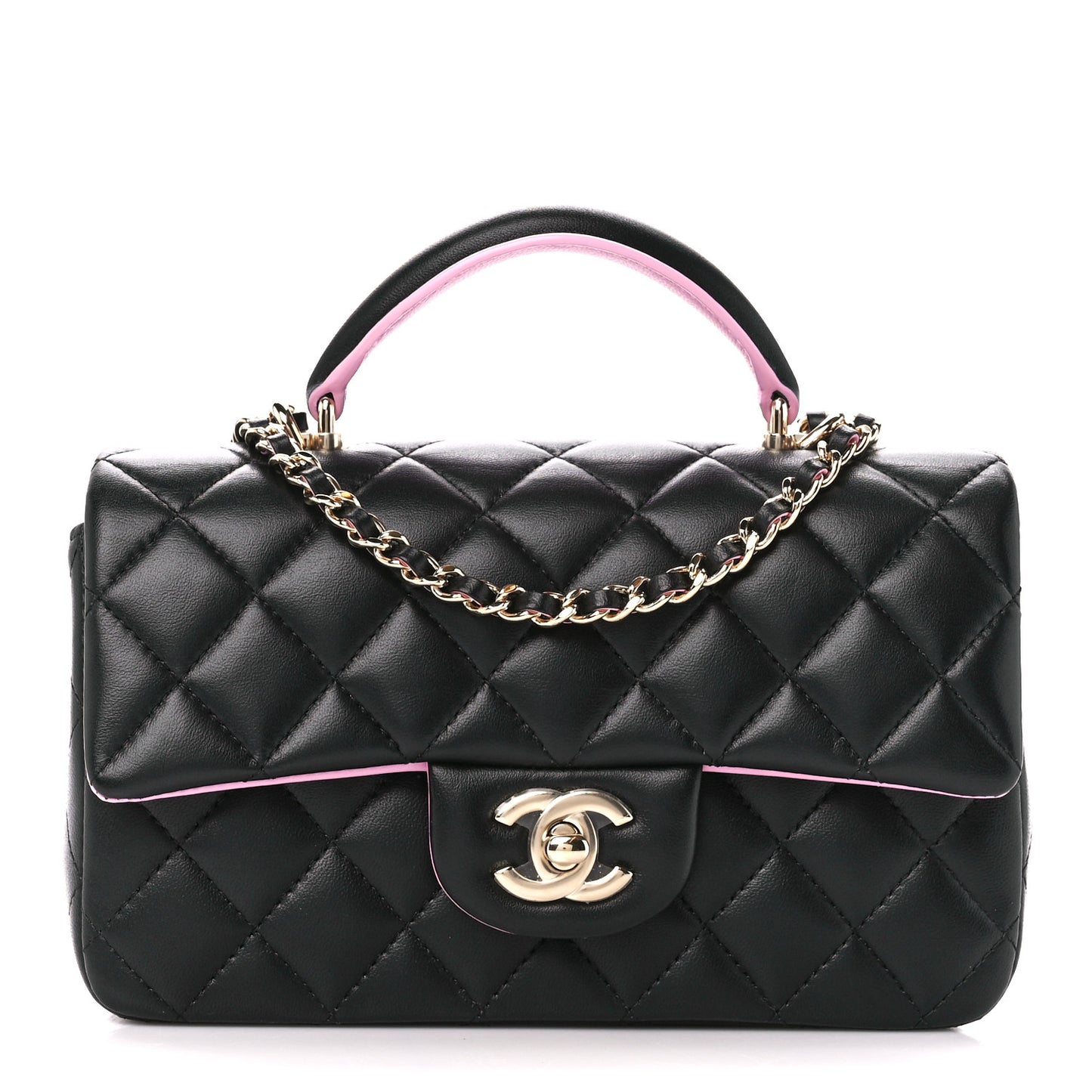 Lambskin Quilted Bi-Color Mini Top Handle Rectangular Flap Black Lilac