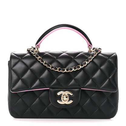 Chanel Lambskin Quilted Bi-Color Mini Top Handle Rectangular Flap Black Lilac 1 of 12