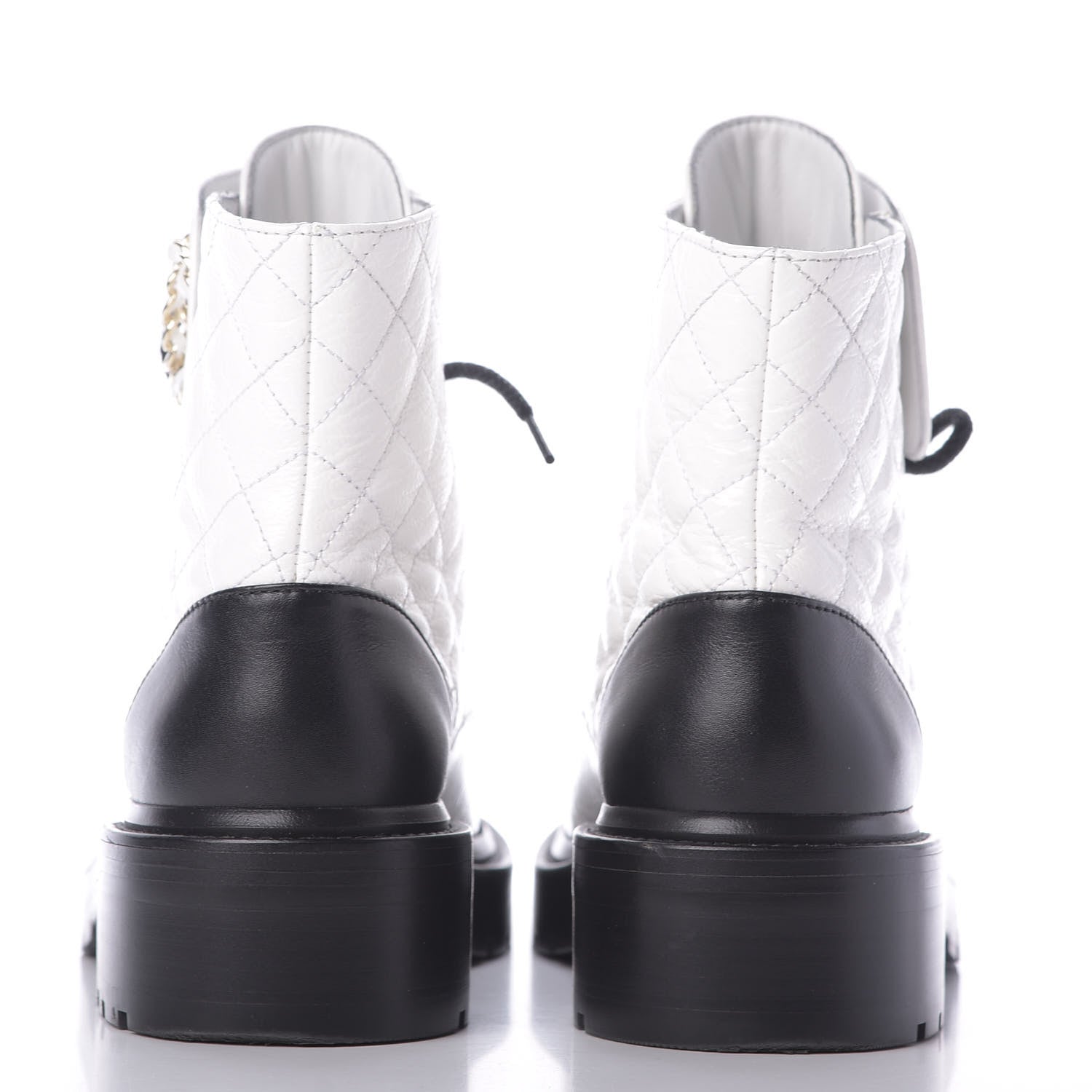 Chanel Shiny Goatskin Calfskin Quilted Lace Up Combat Boots 37.5 White Black 5 of 10