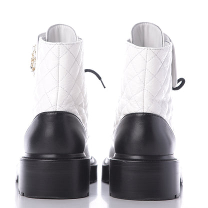 Chanel Shiny Goatskin Calfskin Quilted Lace Up Combat Boots 37.5 White Black 5 of 10