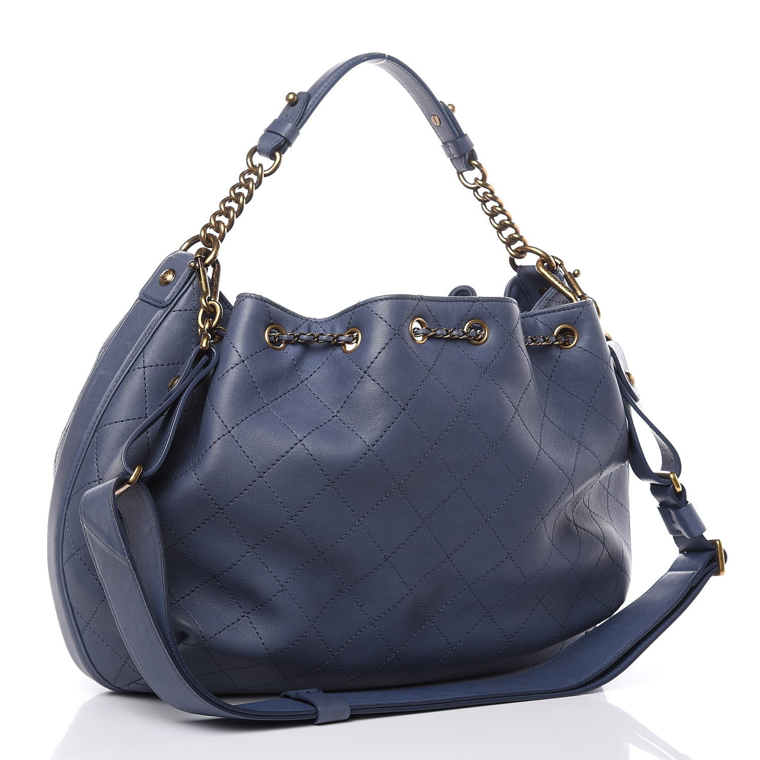 Chanel Calfskin Stitched Large Drawstring CC Bag Blue 4 of 15