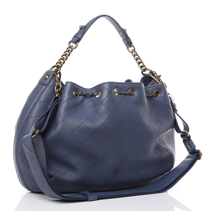 Chanel Calfskin Stitched Large Drawstring CC Bag Blue 4 of 15