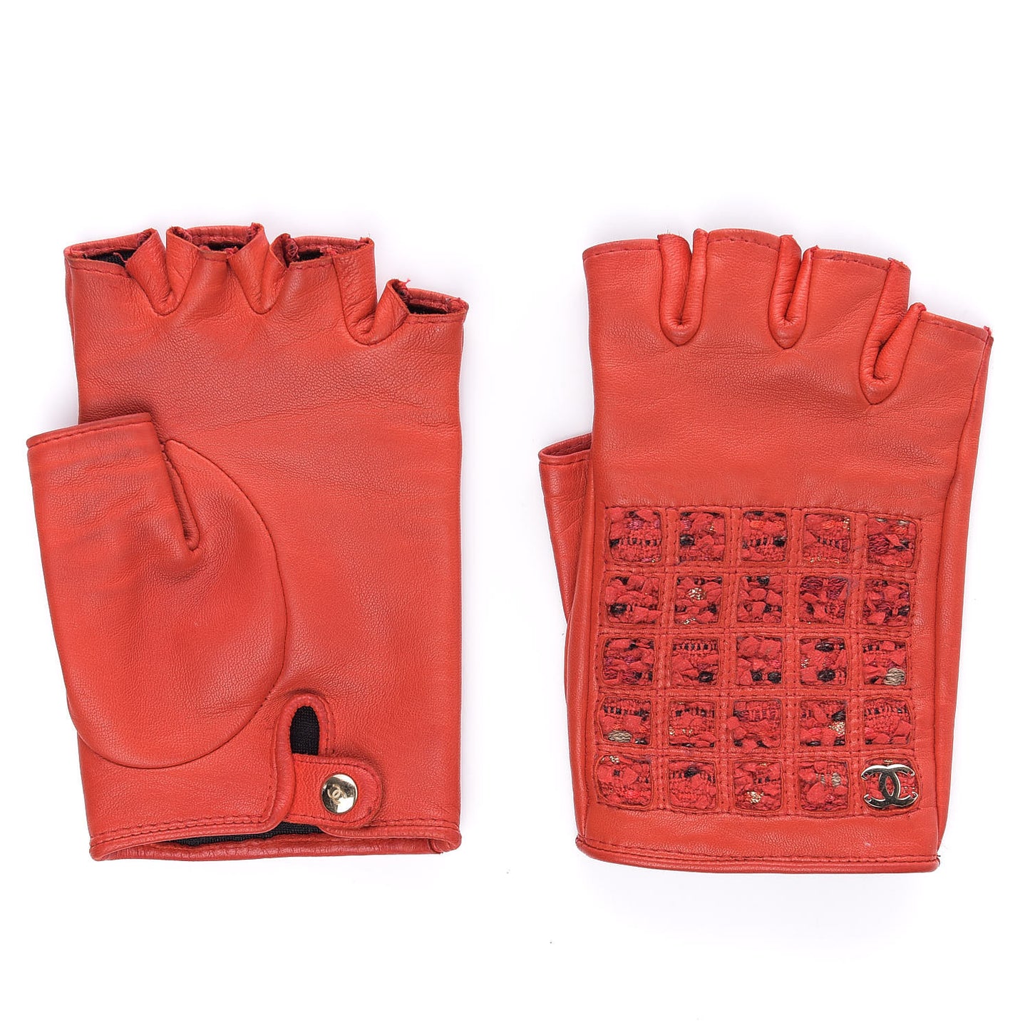 Lambskin Tweed Fingerless Gloves 7 Red