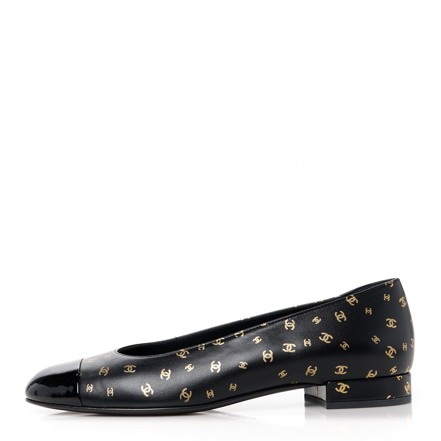 Lambskin Patent Calfskin Printed CC Cap Toe Ballerina Flats 37 Black Gold
