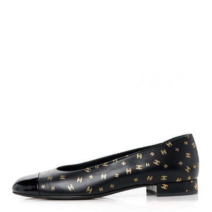 Chanel Lambskin Patent Calfskin Printed CC Cap Toe Ballerina Flats 37 Black Gold 1 of 9