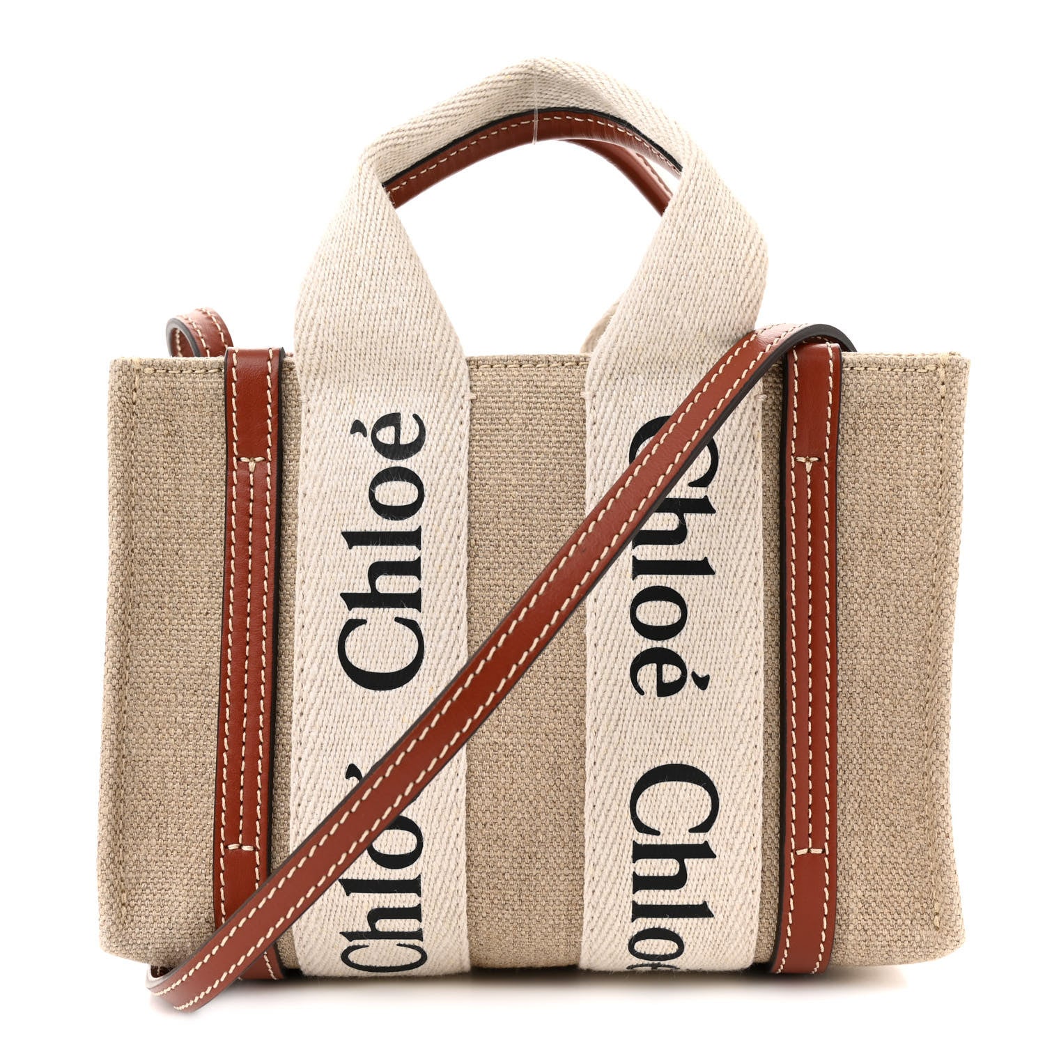 Chloe Cotton Calfskin Mini Woody Ribbon Tote White Brown 1 of 10