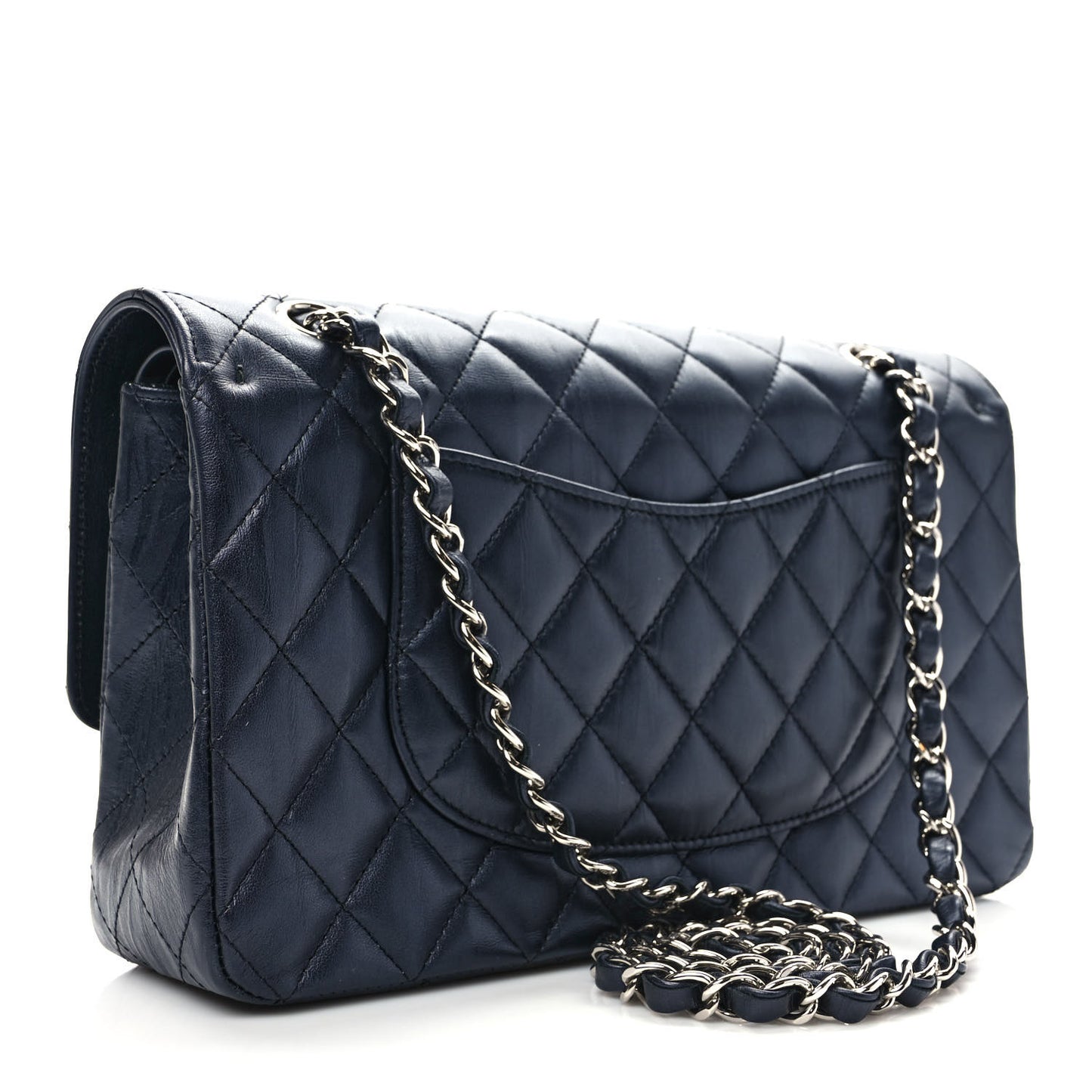 Metallic Calfskin Quilted Medium Double Flap Charcoal