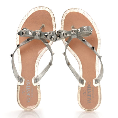 Valentino Garavani PVC Jelly Glitter Rockstud Bow Thong Sandals 37 Silver 2 of 12