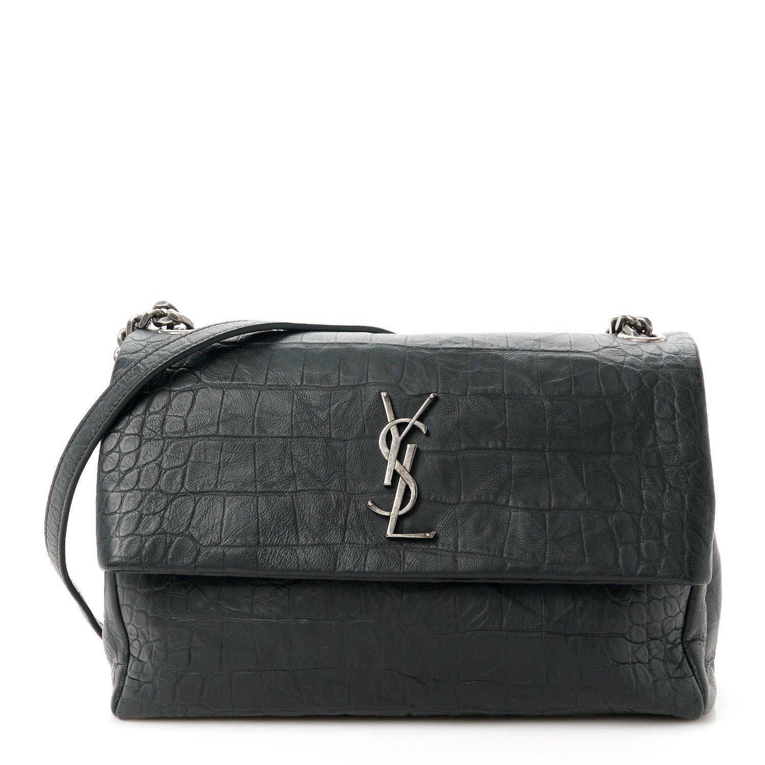 Saint Laurent Calfskin Crocodile Embossed Medium West Hollywood Monogram Fold-Over Black 1 of 11