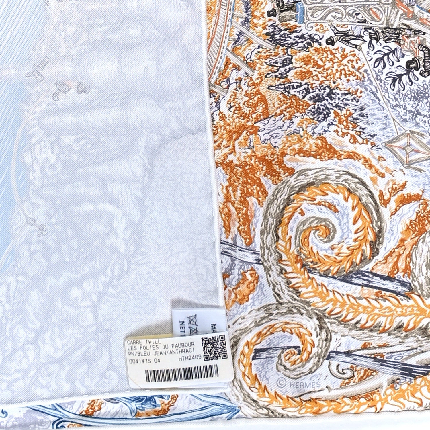 Hermes Silk Les Folies Du Faubourg Scarf 90 Bleu Jean Anthracite