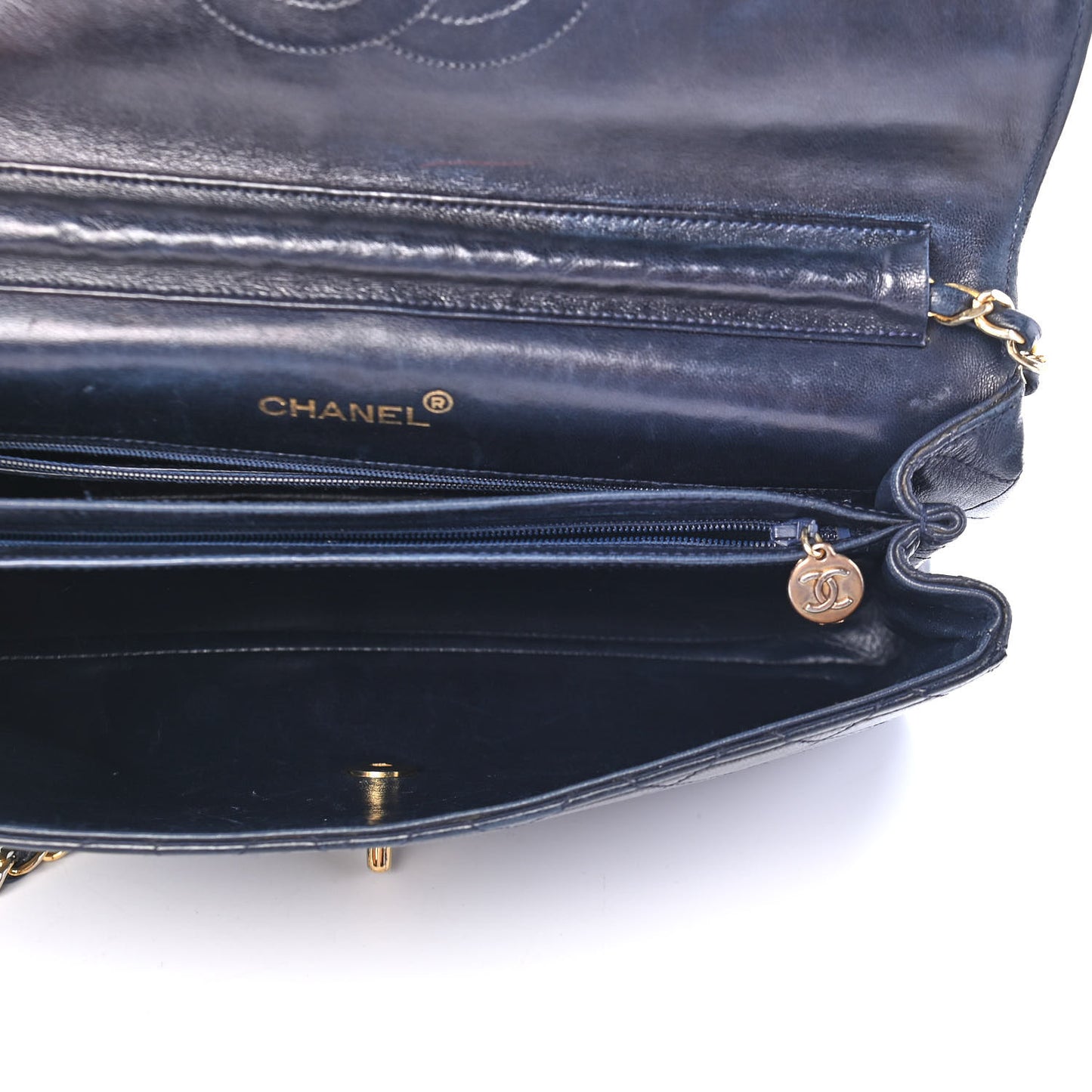 Lambskin Quilted Medium Single Flap Navy