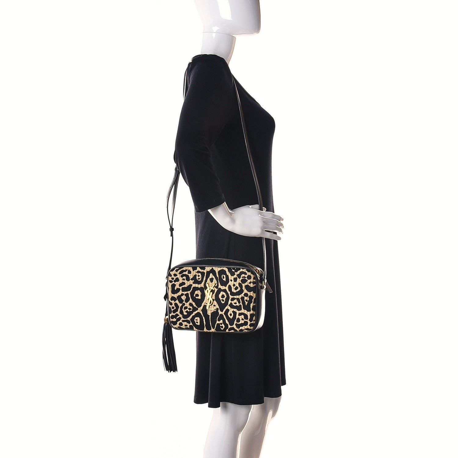 Saint Laurent Raffia Calfskin Leopard Print Monogram Lou Camera Bag Natural Beige Black 2 of 11