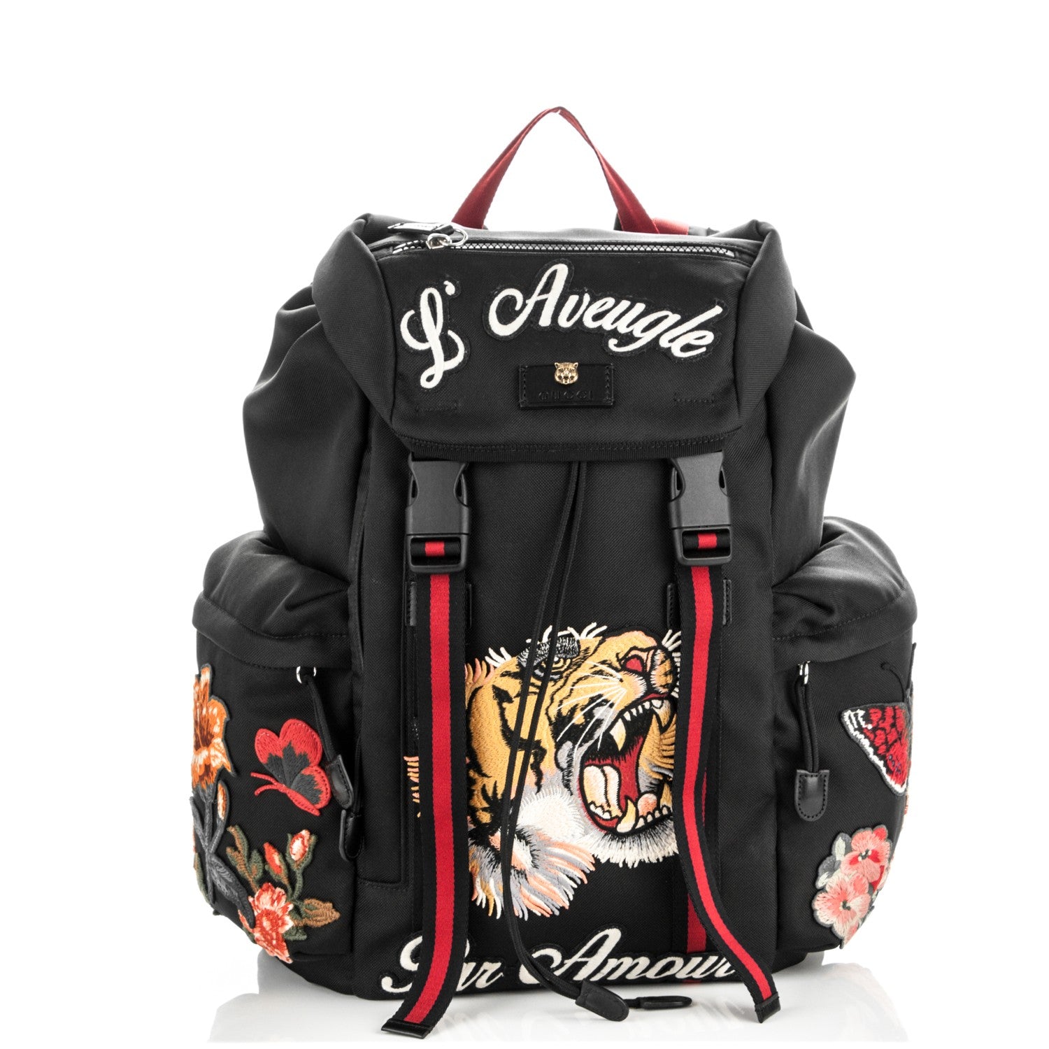 Gucci Nylon L'Aveugle Par Amour Embroidered Double Buckle Backpack Black 1 of 7