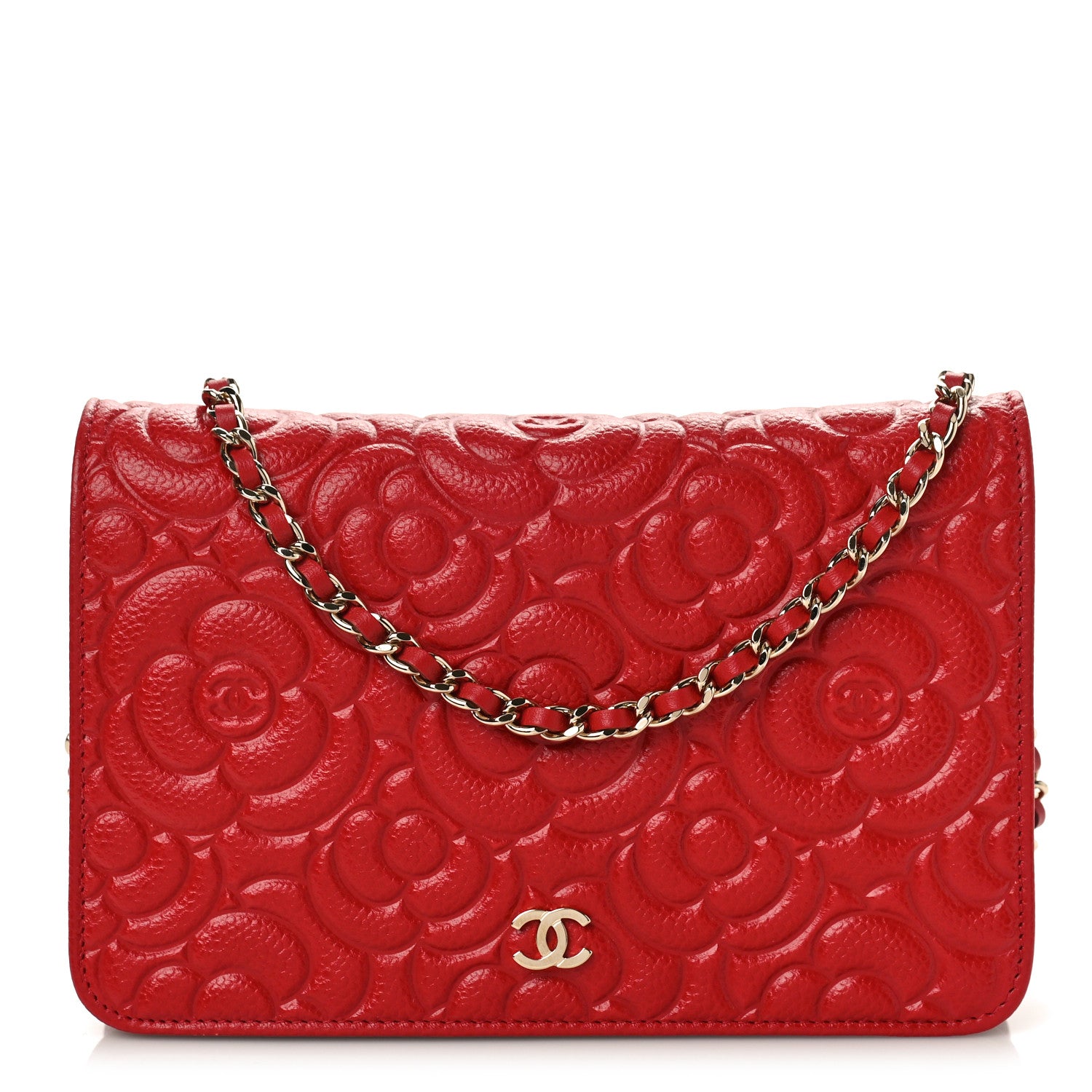 Chanel Caviar Camellia Embossed Wallet On Chain WOC Red 1 of 10