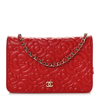Chanel Caviar Camellia Embossed Wallet On Chain WOC Red 1 of 10