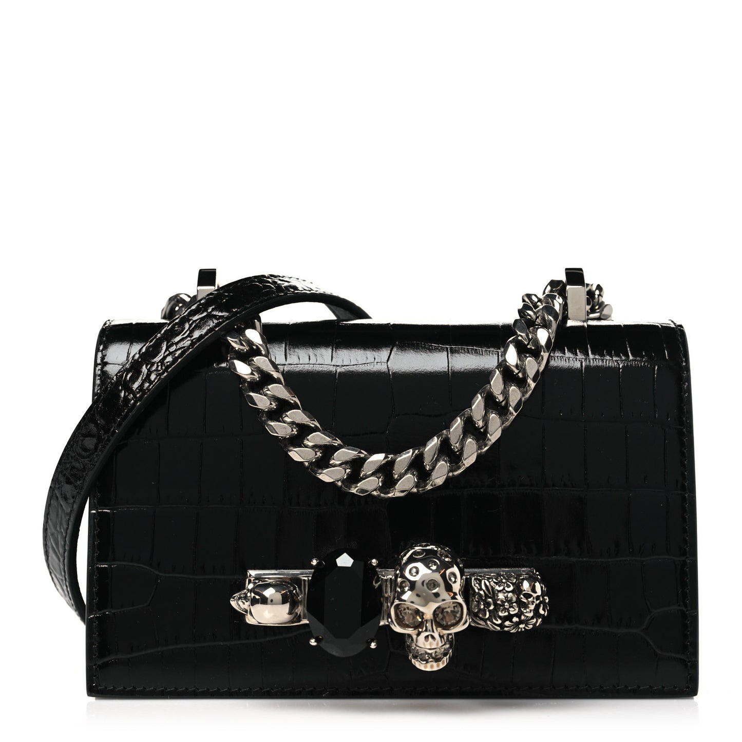 Calfskin Shiny Crocodile Embossed Jeweled Satchel Black