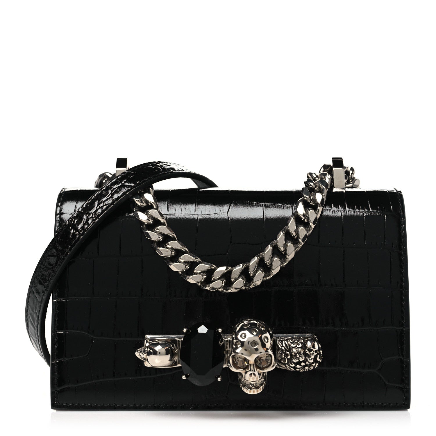 Alexander McQueen Calfskin Shiny Crocodile Embossed Jeweled Satchel Black 1 of 9