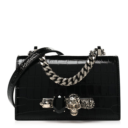 Alexander McQueen Calfskin Shiny Crocodile Embossed Jeweled Satchel Black 1 of 9