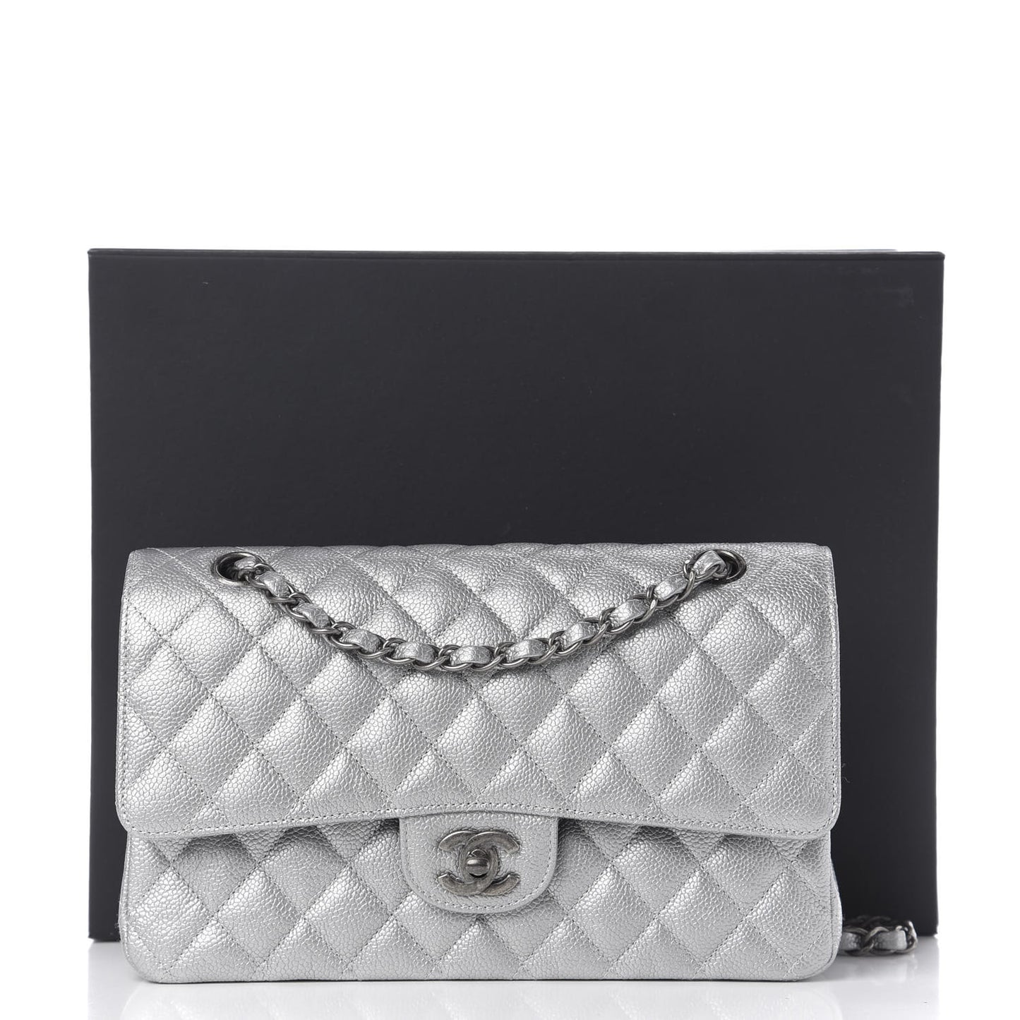 Metallic Caviar Quilted Medium Double Flap Silver