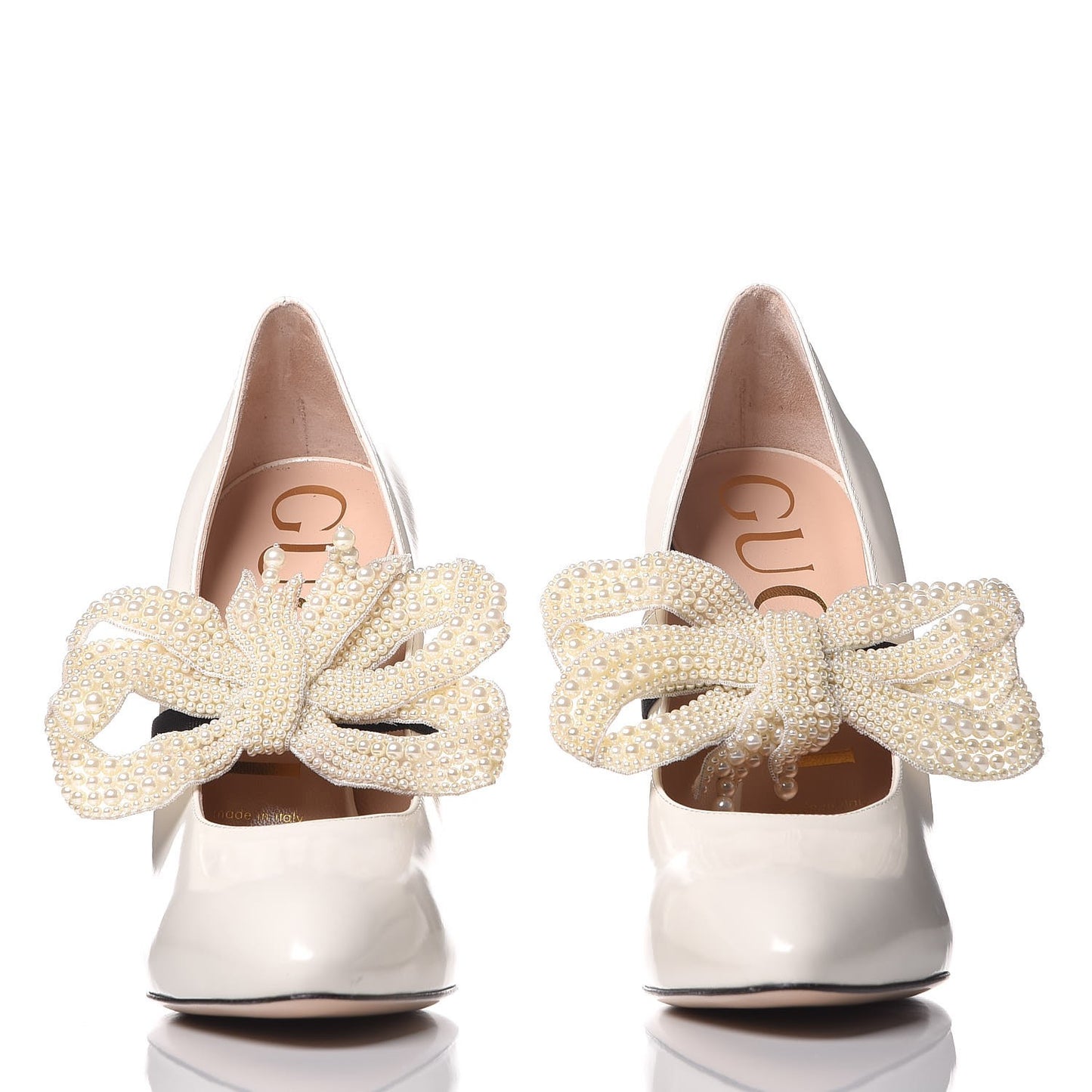 Polished Calfskin Removable Pearly Bow Elaisa Platform High Heel Pumps 37.5 White Magnolia