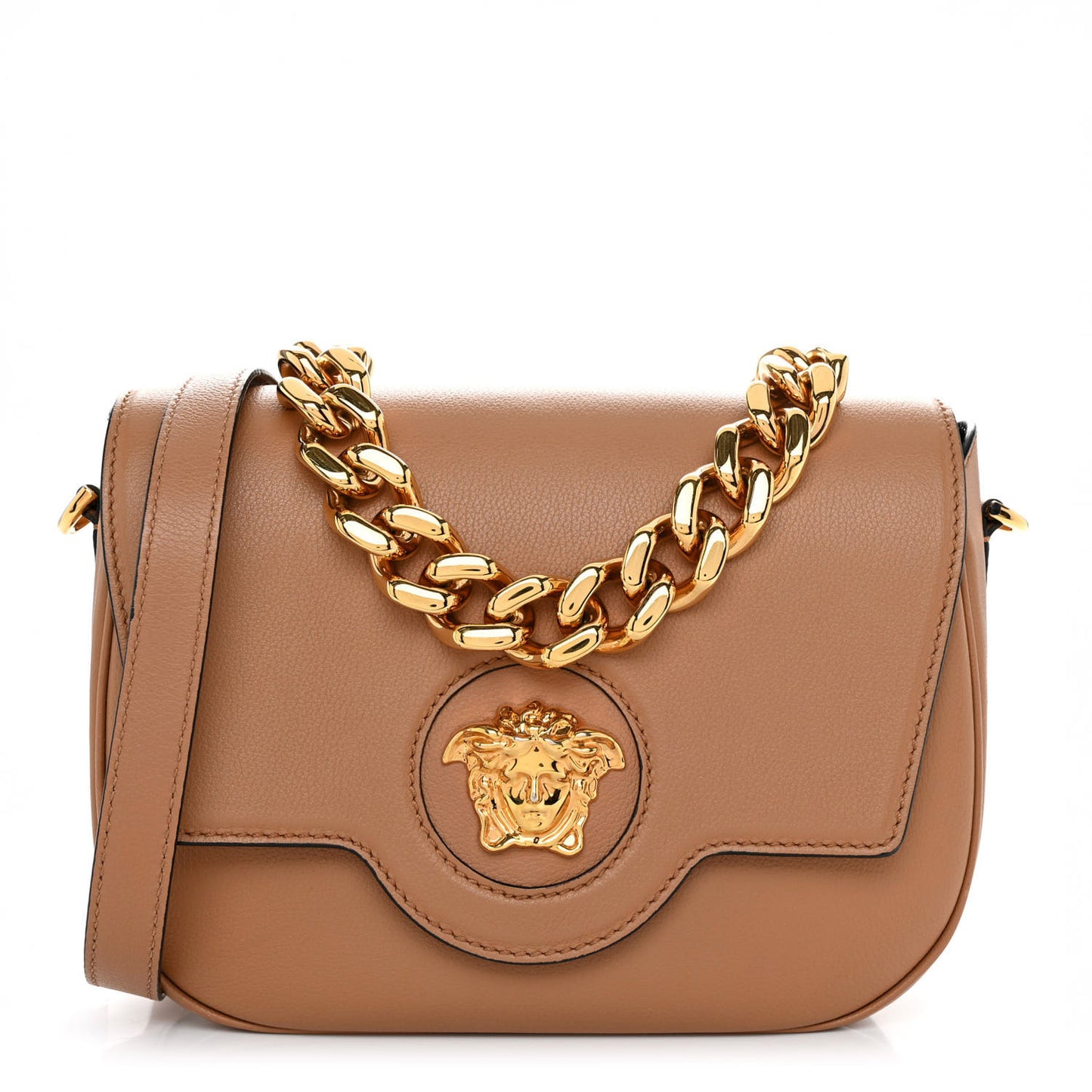 Grained Calfskin La Medusa Chain Clutch Bag Brown
